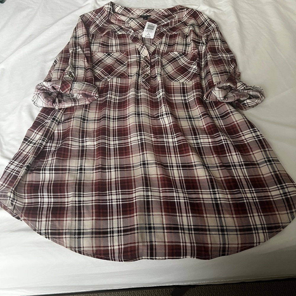 Torrid Plaid Tunic in Burgundy/Brown and Cream
